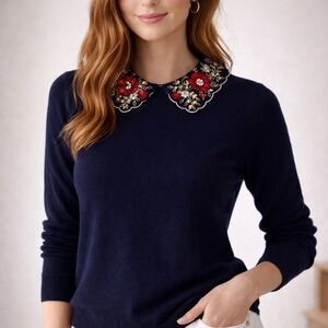 Club Monaco Joannah Sweater Embroidered Collar  Navy SP